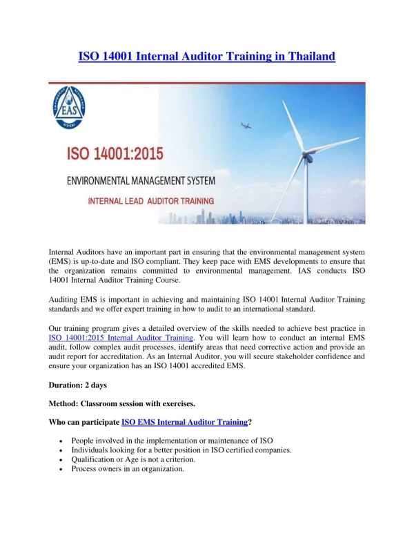 ISO Environmental Internal Auditor Training in thailand | ISO 14001 Internal Auditor Course in thailand