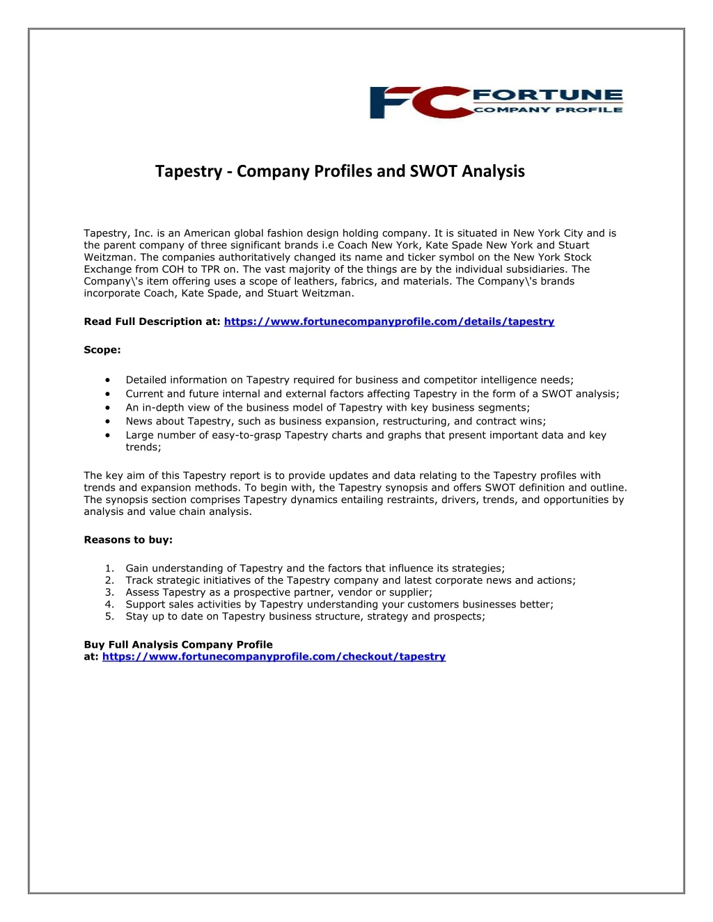 tapestry company profiles and swot analysis