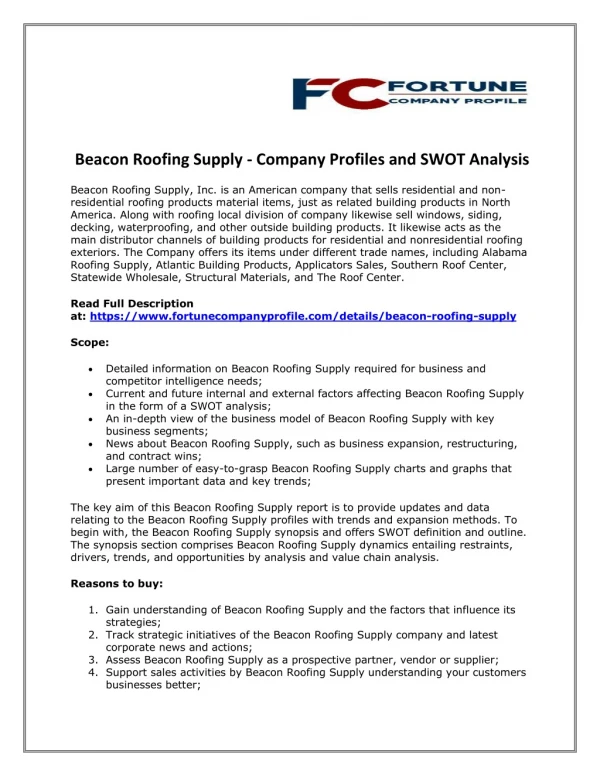 Beacon Roofing Supply - Company Profiles and SWOT Analysis