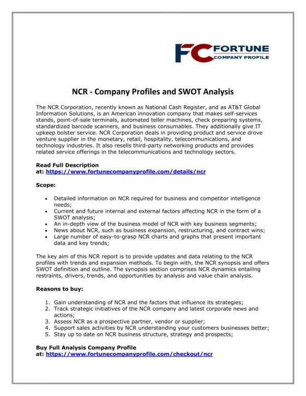 NCR - Company Profiles and SWOT Analysis