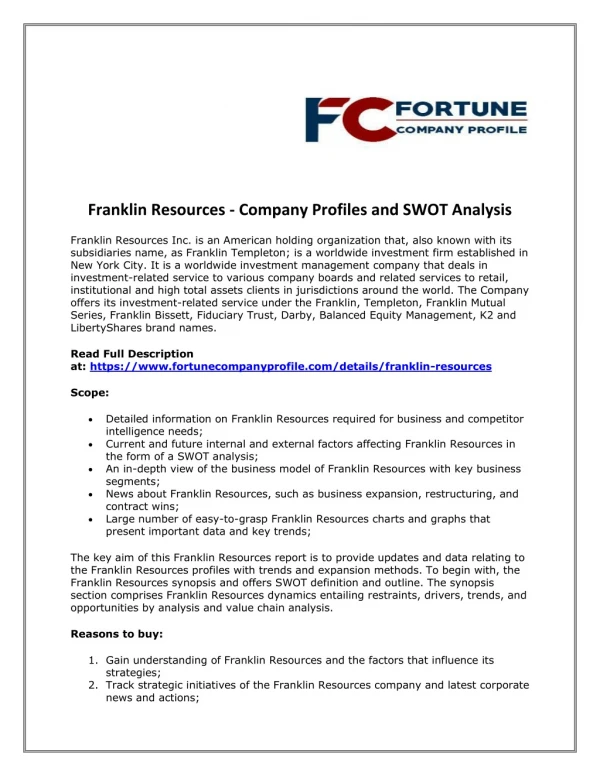 Franklin Resources - Company Profiles and SWOT Analysis