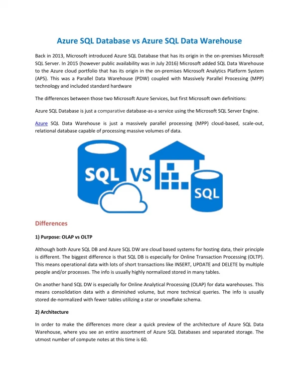 Azure SQL Database vs Azure SQL Data Warehouse