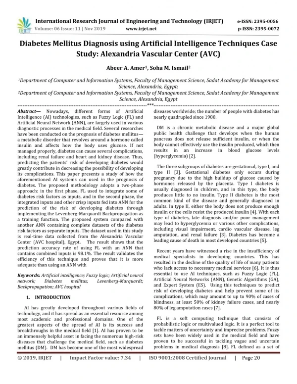 IRJET-  	  Diabetes Mellitus Diagnosis using Artificial Intelligence Techniques Case Study: Alexandria Vascular Center (