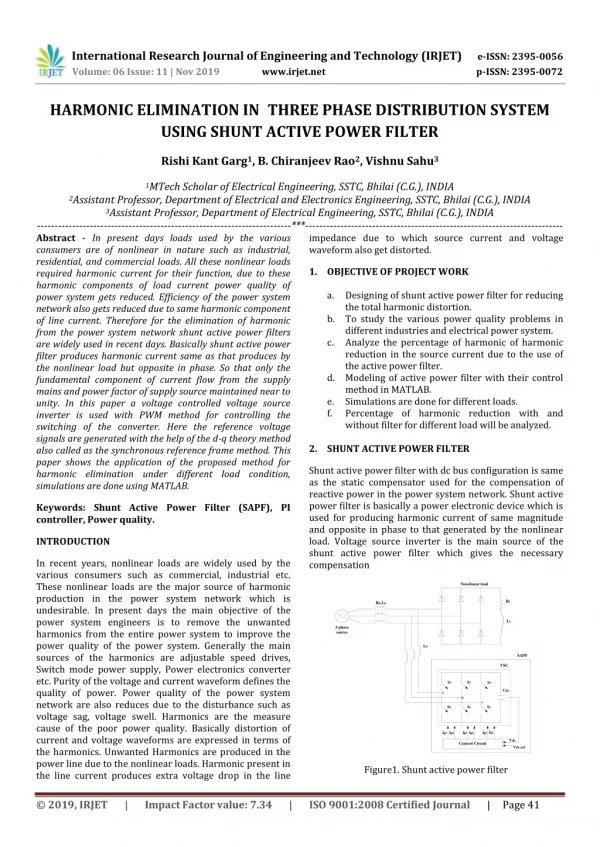 IRJET- Harmonic Elimination in Three Phase Distribution System using Shunt Active Power Filter