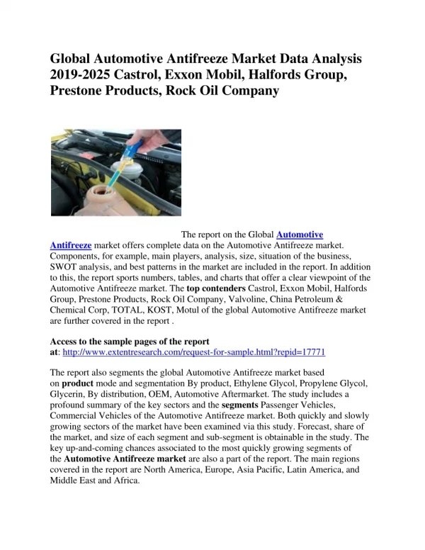 Global Automotive Antifreeze Market Data Analysis 2019-2025 Castrol, Exxon Mobil, Halfords Group, Prestone Products, Roc