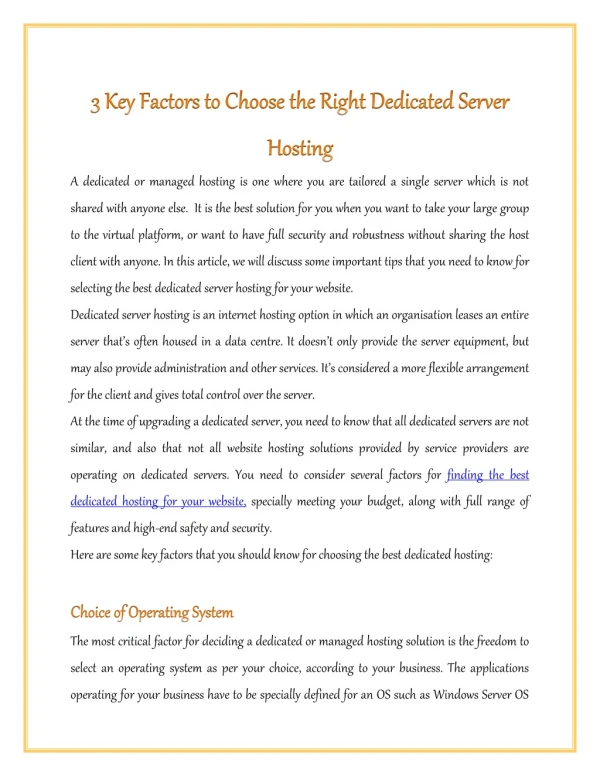 3 Key Factors to Choose the Right Dedicated Server Hosting