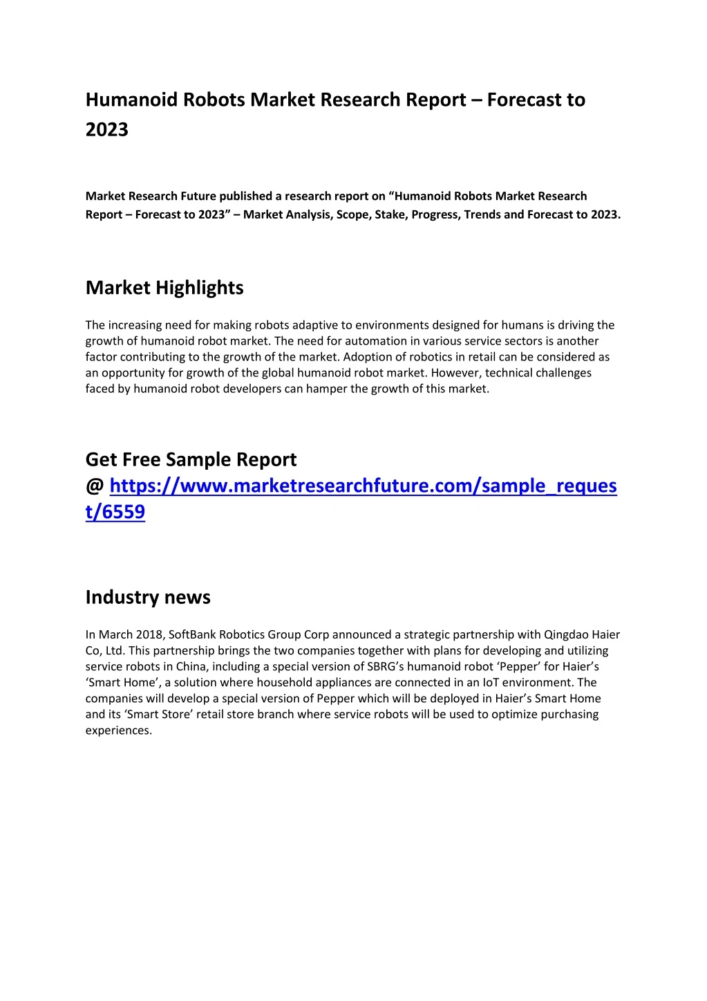 humanoid robots market research report forecast