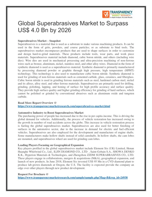 Global Superabrasives Market to Surpass US$ 4.0 Bn by 2026