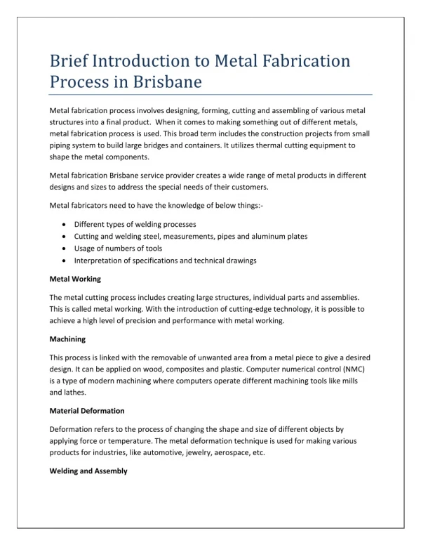 Brief Introduction to Metal Fabrication Process in Brisbane
