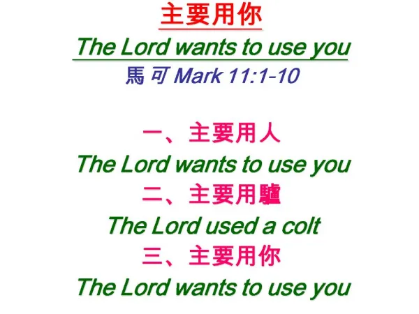 The Lord wants to use you Mark 11:1-10 The Lord wants to use you The Lord used a colt The Lord wants to us