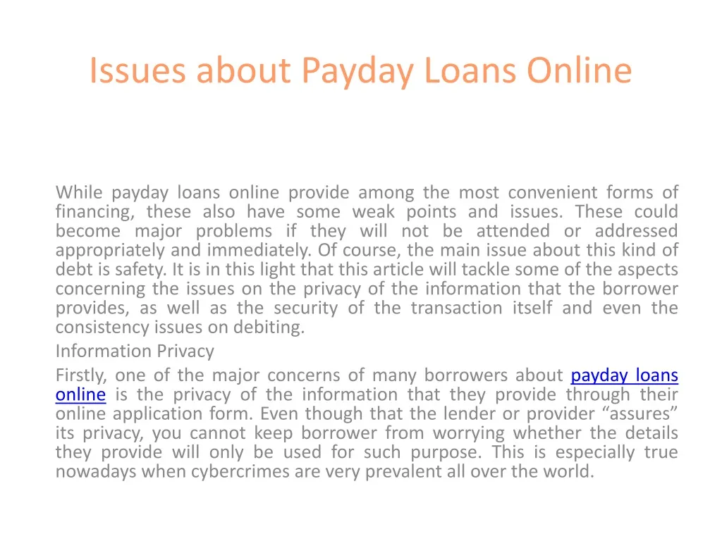 issues about payday loans online