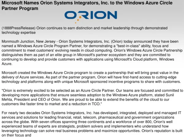 Microsoft Names Orion Systems Integrators, Inc. to the Windo