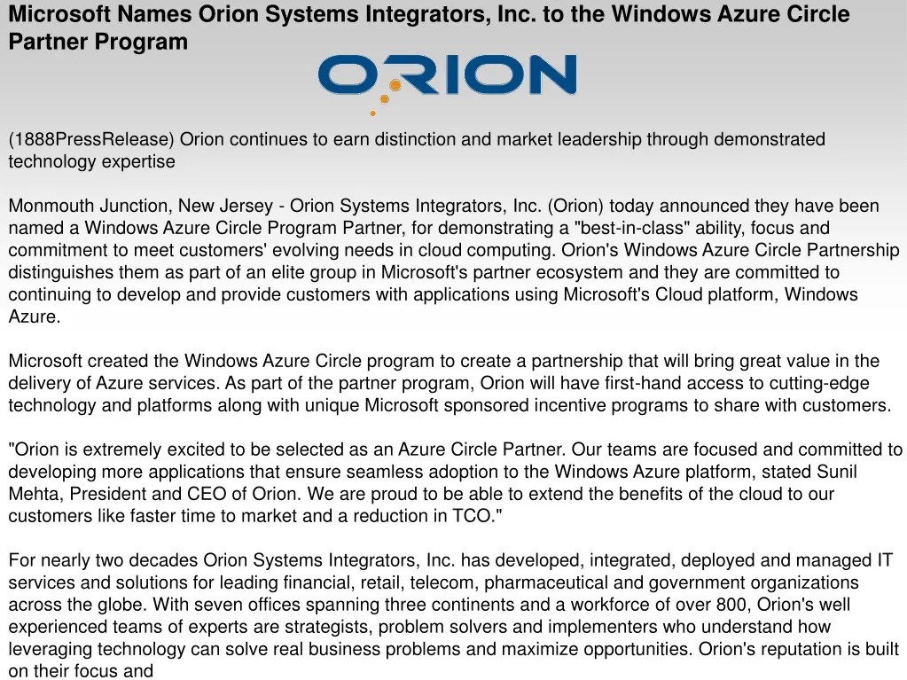 microsoft names orion systems integrators