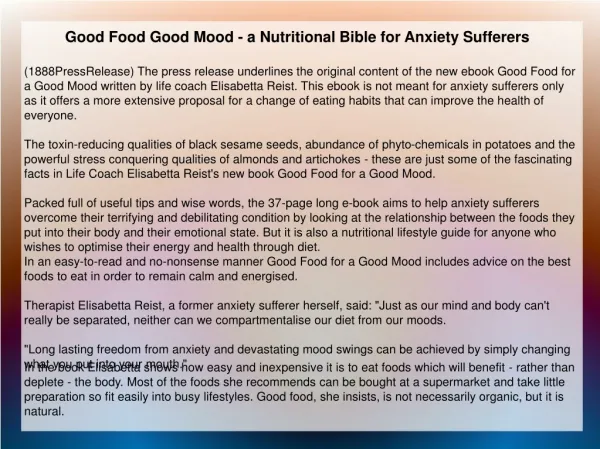 Good Food Good Mood - a Nutritional Bible for Anxiety Suffer