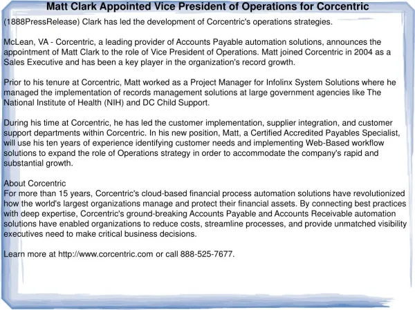Matt Clark Appointed Vice President of Operations for Corcen