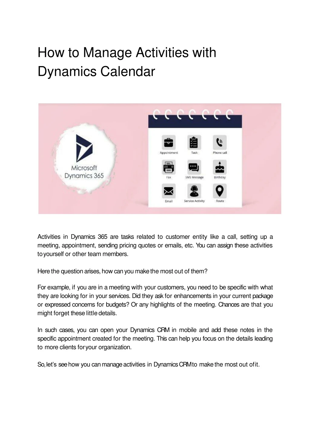 how to manage activities with dynamics calendar