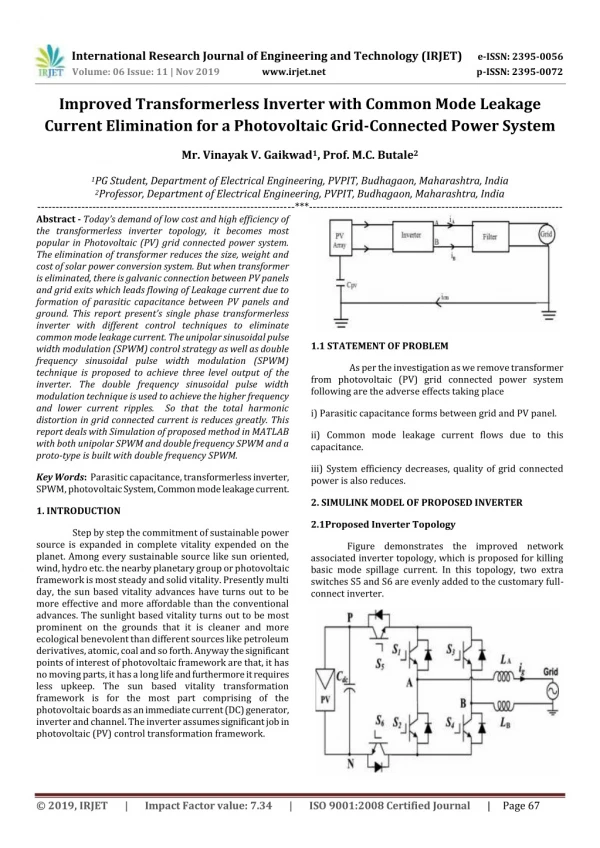 IRJET- Improved Transformerless Inverter with Common Mode Leakage Current Elimination for a Photovoltaic Grid-Connected