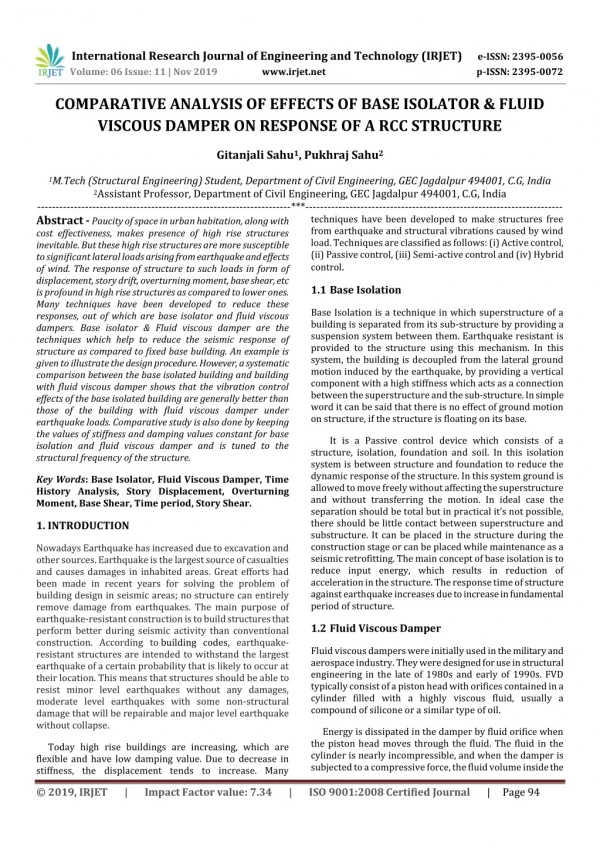 IRJET- Comparative Analysis of Effects of Base Isolator & Fluid Viscous Damper on Response of a RCC Structure