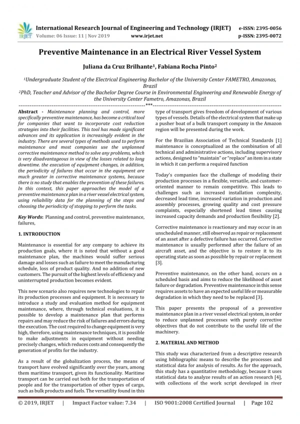 IRJET-  	  Preventive Maintenance in an Electrical River Vessel System