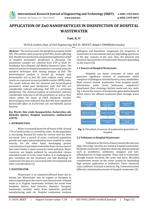 IRJET-  	  Application of ZnO Nanoparticles in Disinfection of Hospital Wastewater