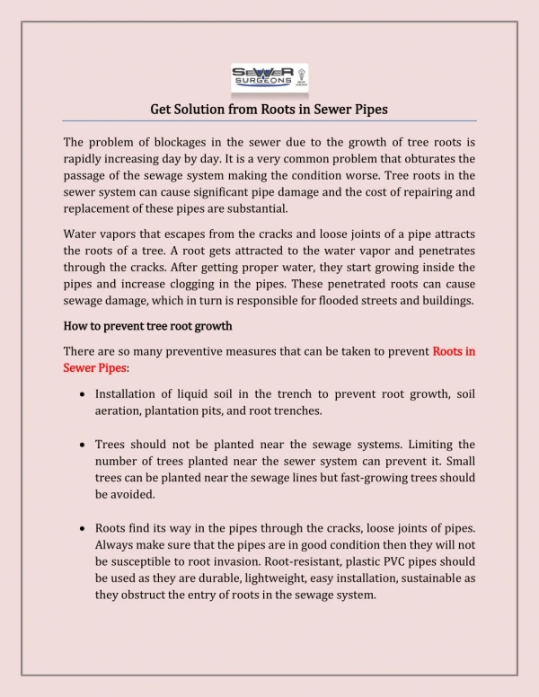 get solution from roots in sewer pipes