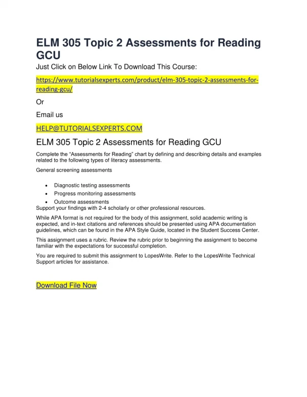 elm 305 topic 2 assessments for reading gcu just
