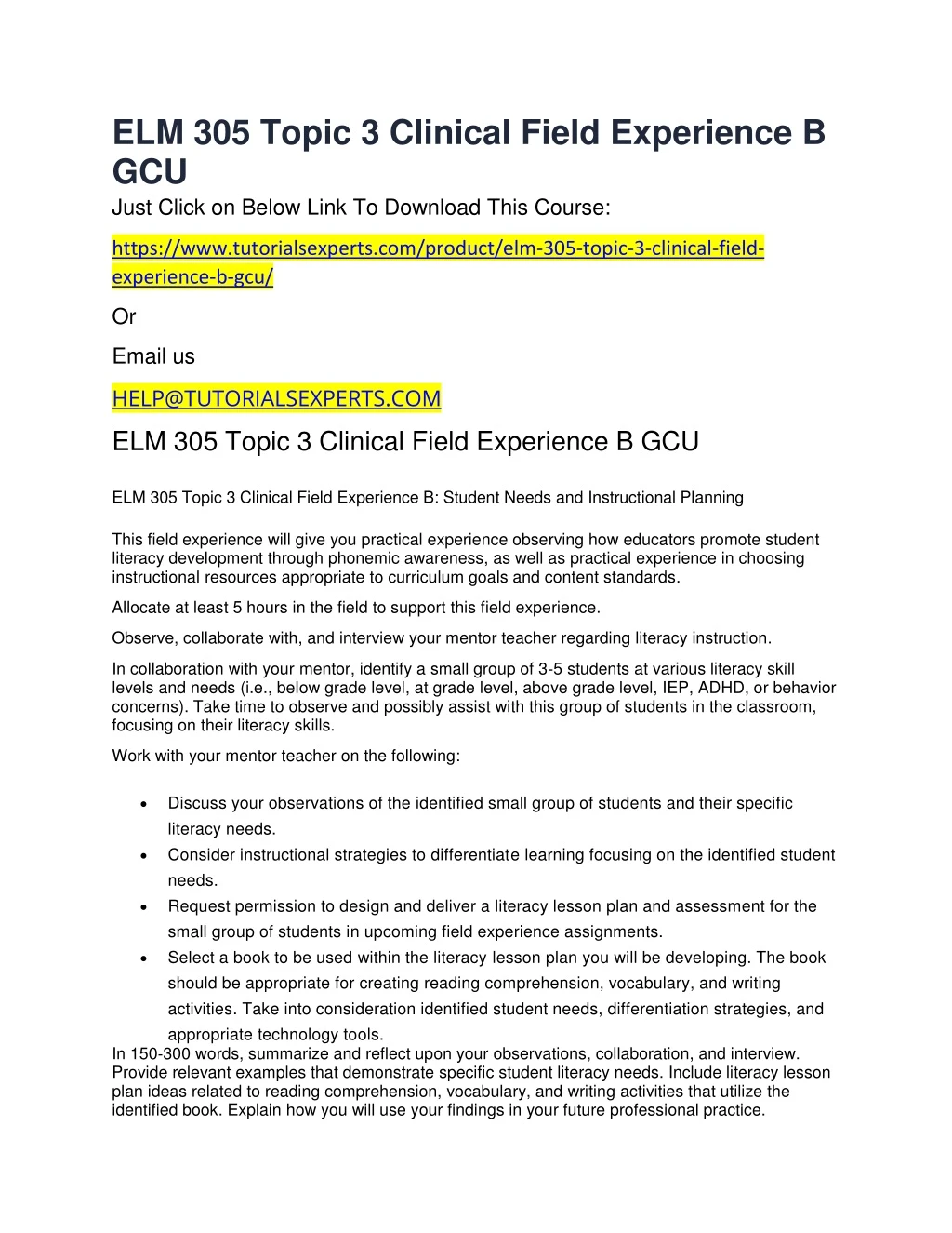 elm 305 topic 3 clinical field experience