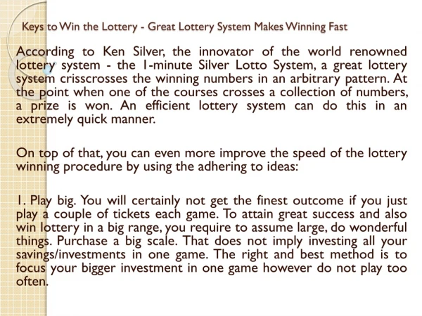 Keys to Win the Lottery - Great Lottery