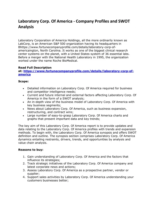 Laboratory Corp. Of America - Company Profiles and SWOT Analysis