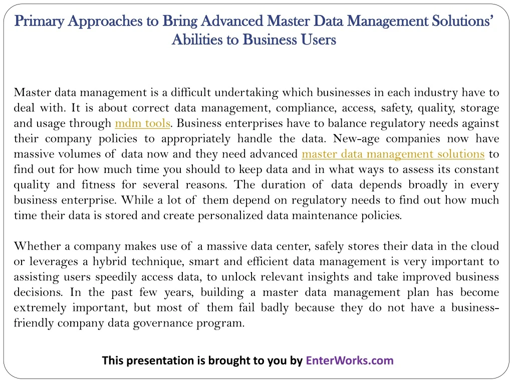 primary approaches to bring advanced master data