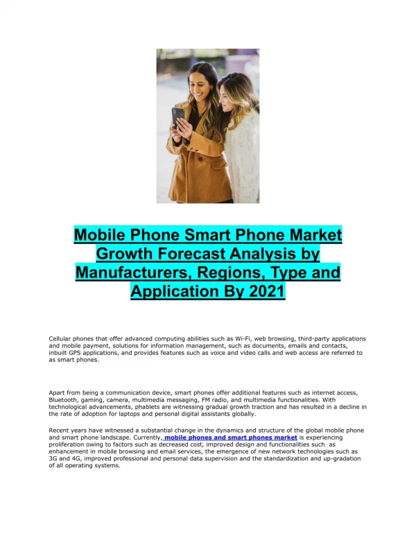 Mobile Phone Smart Phone Market Growth Forecast Analysis by Manufacturers, Regions, Type and Application By 2021
