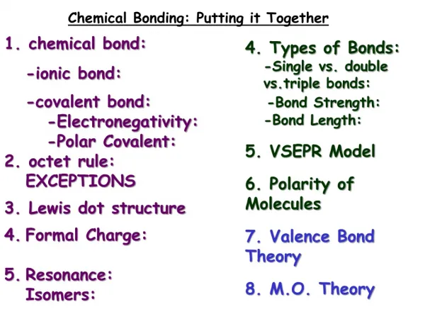 Chemical Bonding: Putting it Together 1. chemical bond: 	-ionic bond: 	-covalent bond: