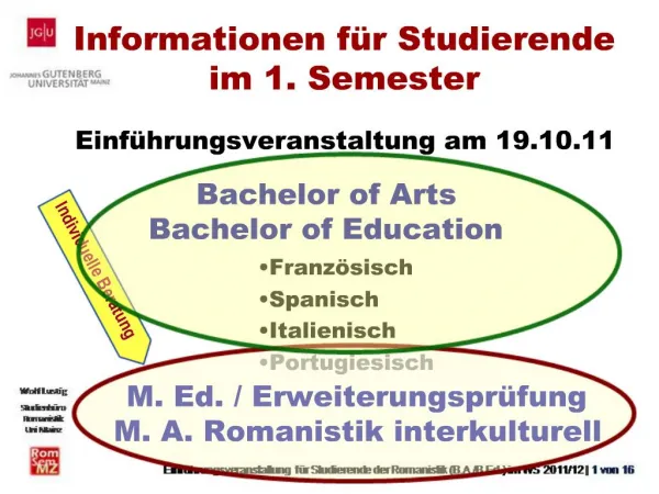 Informationen f r Studierende im 1. Semester Einf hrungsveranstaltung am 19.10.11