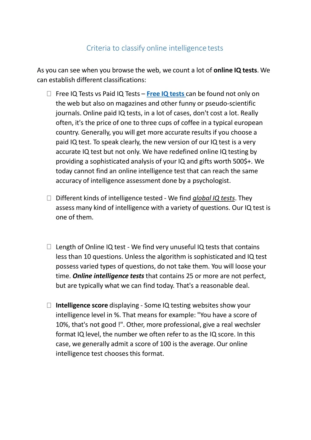 criteria to classify online intelligence tests