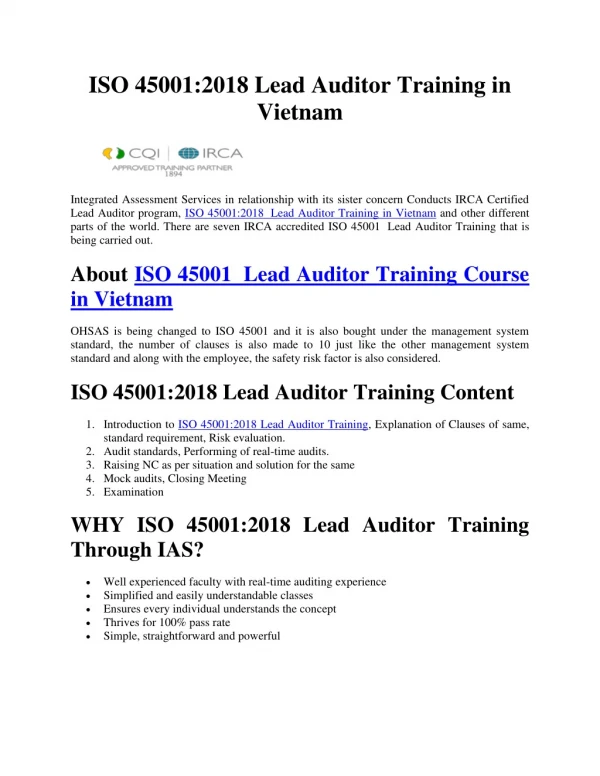 OHSMS Lead Auditor Training in Vietnam | ISO 45001 Lead Auditor Course in Vietnam