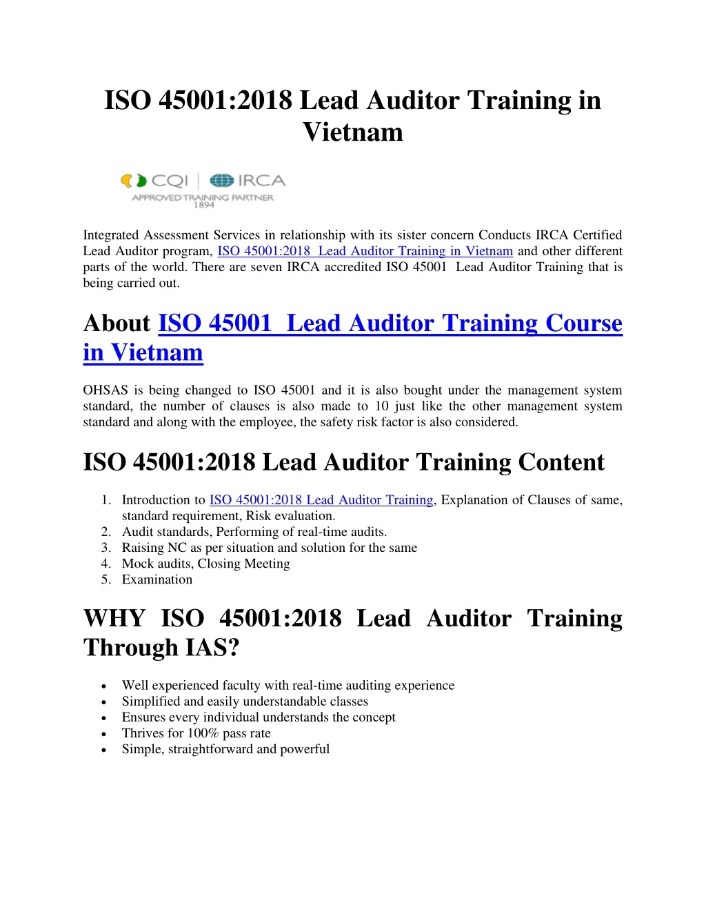 iso 45001 2018 lead auditor training in vietnam
