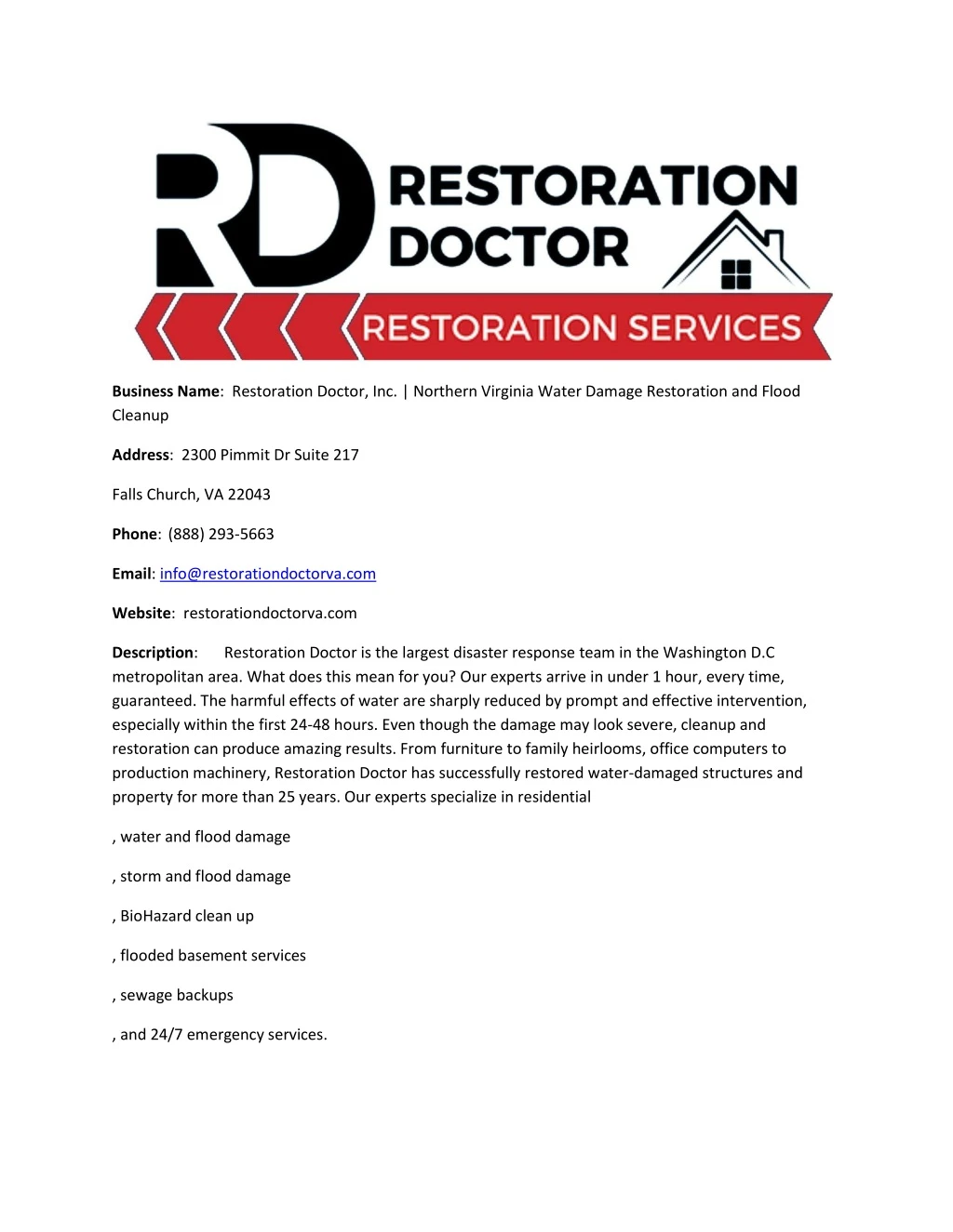 business name restoration doctor inc northern