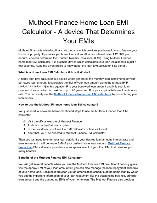 muthoot finance home loan emi calculator a device