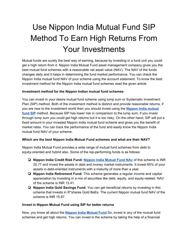 use nippon india mutual fund sip method to earn