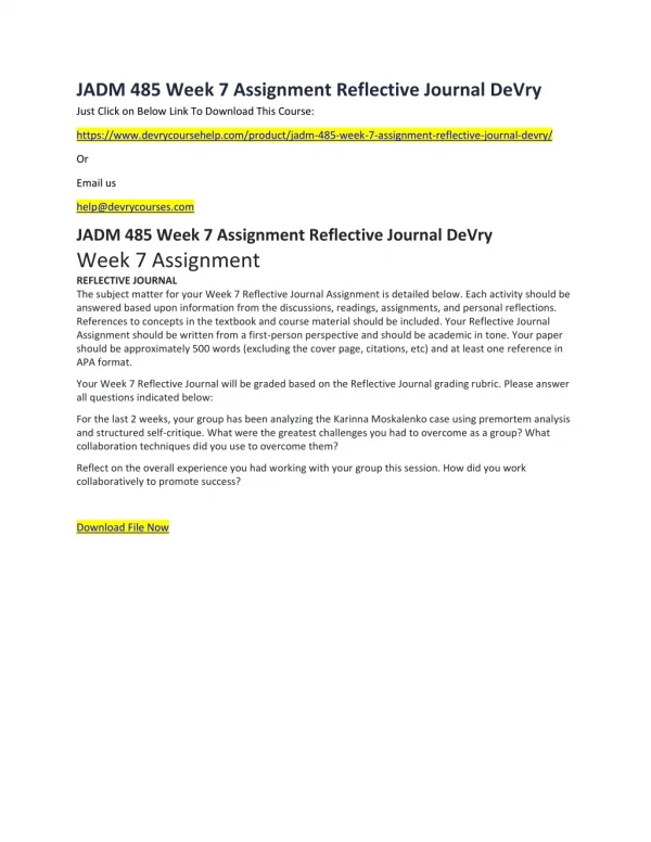jadm 485 week 7 assignment reflective journal