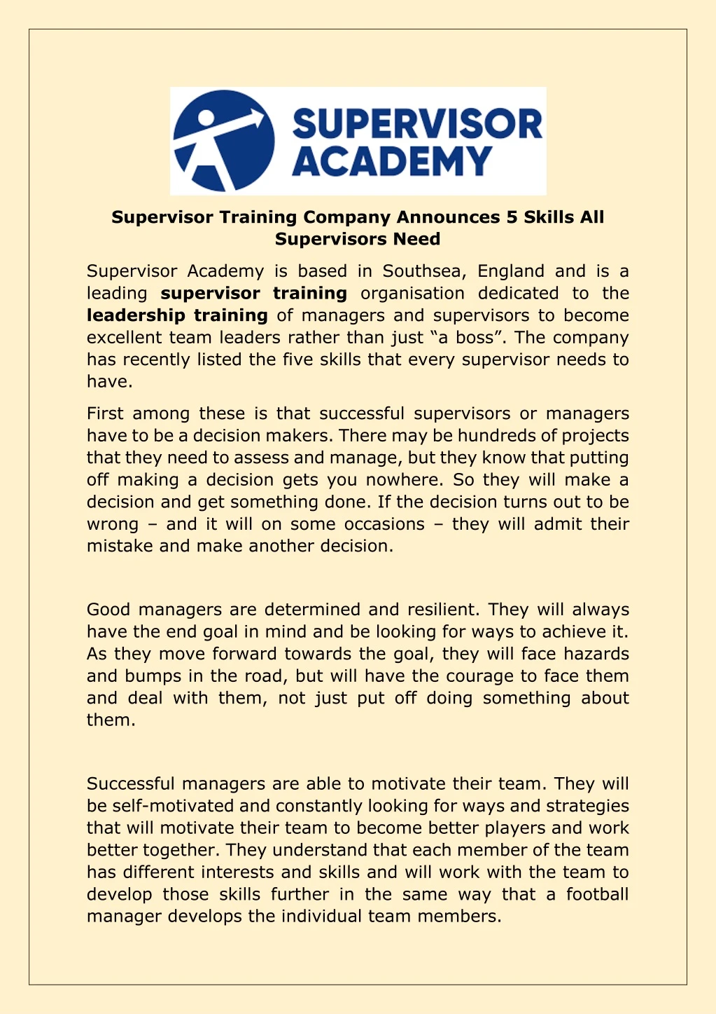supervisor training company announces 5 skills