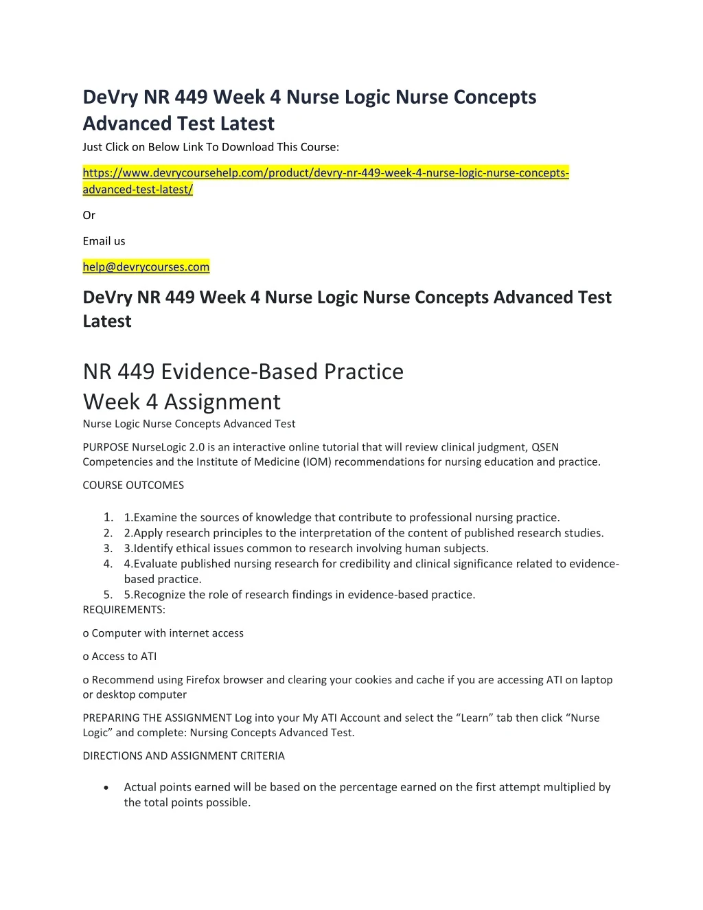 PPT DeVry NR 449 Week 4 Nurse Logic Nurse Concepts Advanced Test