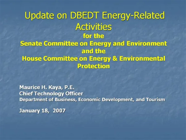Update on DBEDT Energy-Related Activities for the Senate Committee on Energy and Environment and the House Committee on