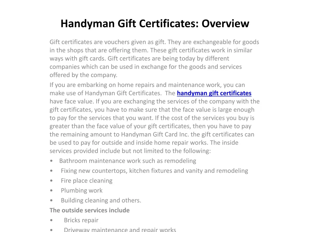 handyman gift certificates overview