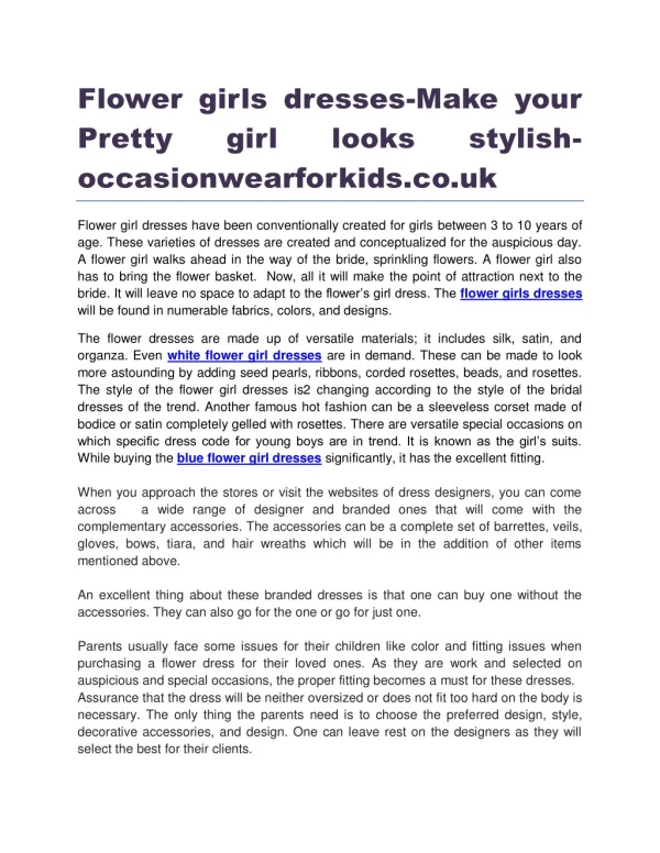 Flower girls dresses-Make your Pretty girl looks stylish occasionwearforkids.co.uk