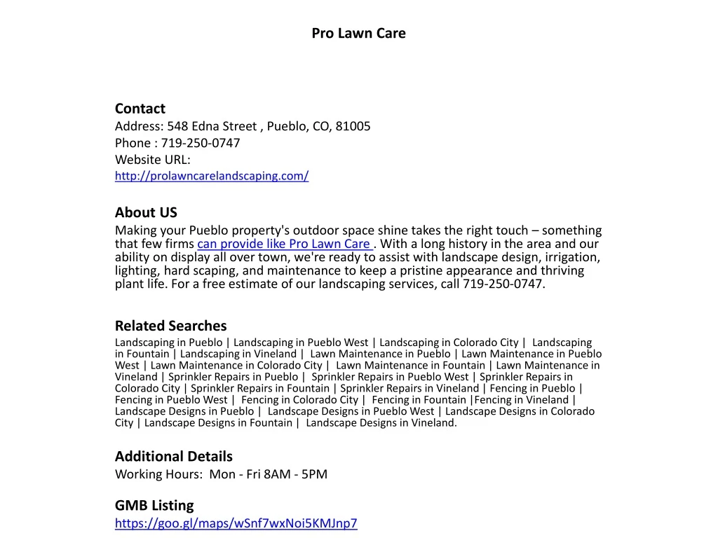 pro lawn care contact address 548 edna street