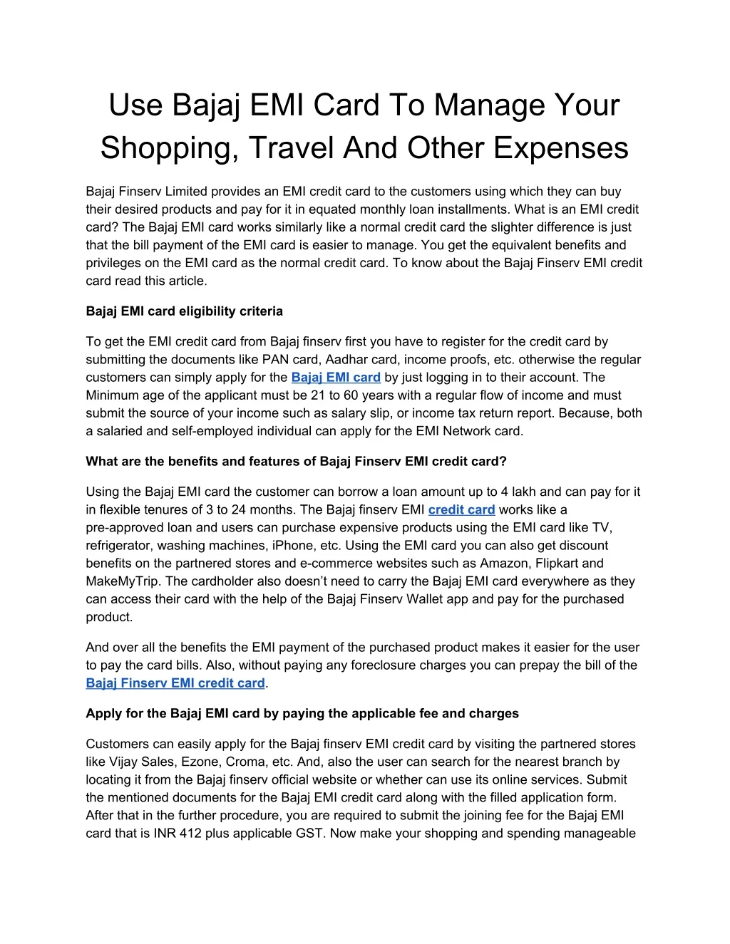 use bajaj emi card to manage your shopping travel
