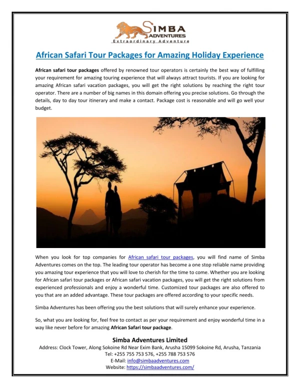 African Safari Tour Packages for Amazing Holiday Experience