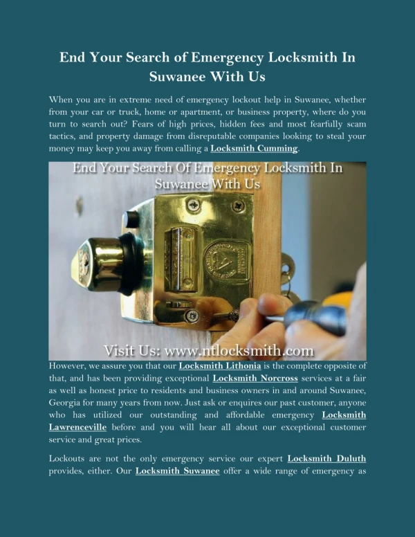 End Your Search of Emergency Locksmith In Suwanee With Us