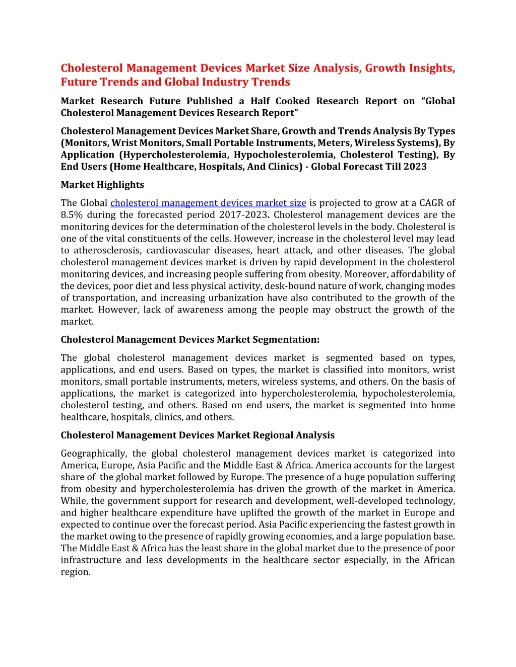 cholesterol management devices market size